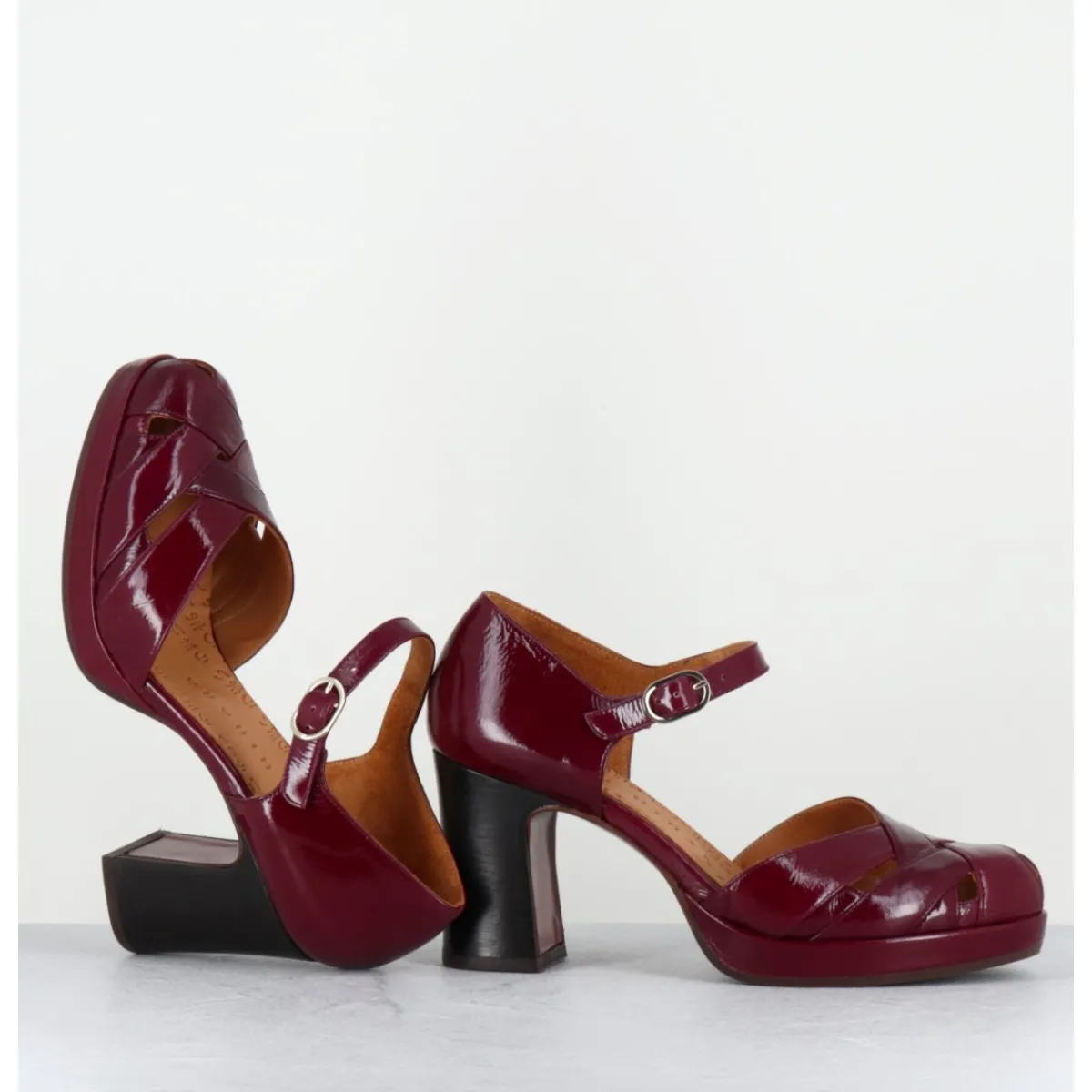 Chaussures^CHIE MIHARA Babies à talon en cuir vernis x ajouré - DEMIN SUCRE GRANATE BORDEAU