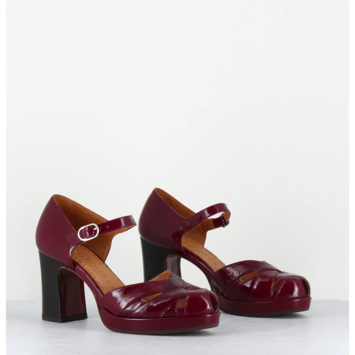 Chaussures^CHIE MIHARA Babies à talon en cuir vernis x ajouré - DEMIN SUCRE GRANATE BORDEAU