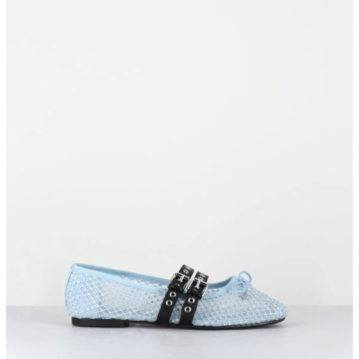 Chaussures | Ballerines^OA NON FASHION Ballerines en mesh ciel à strass & double brides en cuir noir - MISTY CRISTALLO CELESTE BLEU