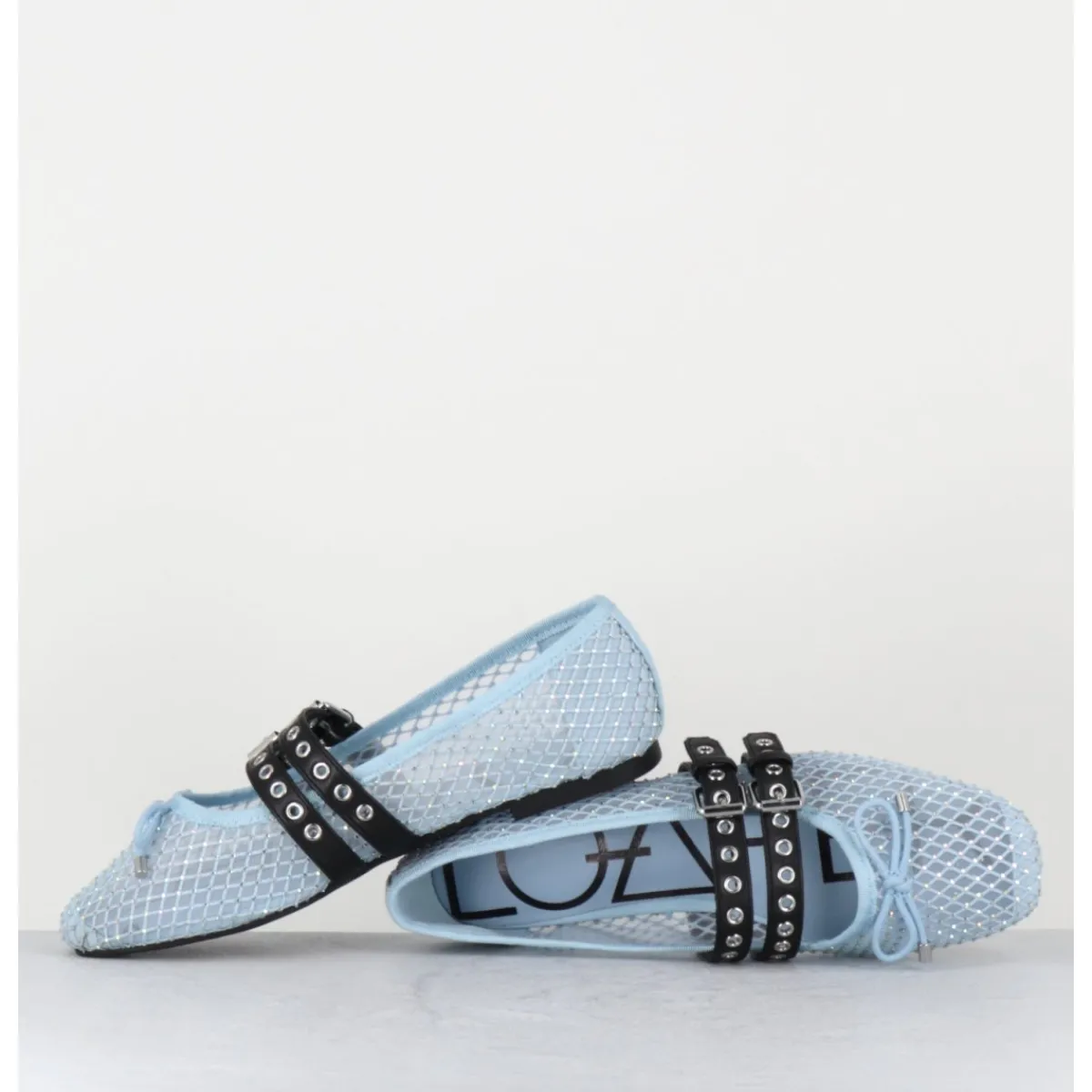 Chaussures | Ballerines^OA NON FASHION Ballerines en mesh ciel à strass & double brides en cuir noir - MISTY CRISTALLO CELESTE BLEU