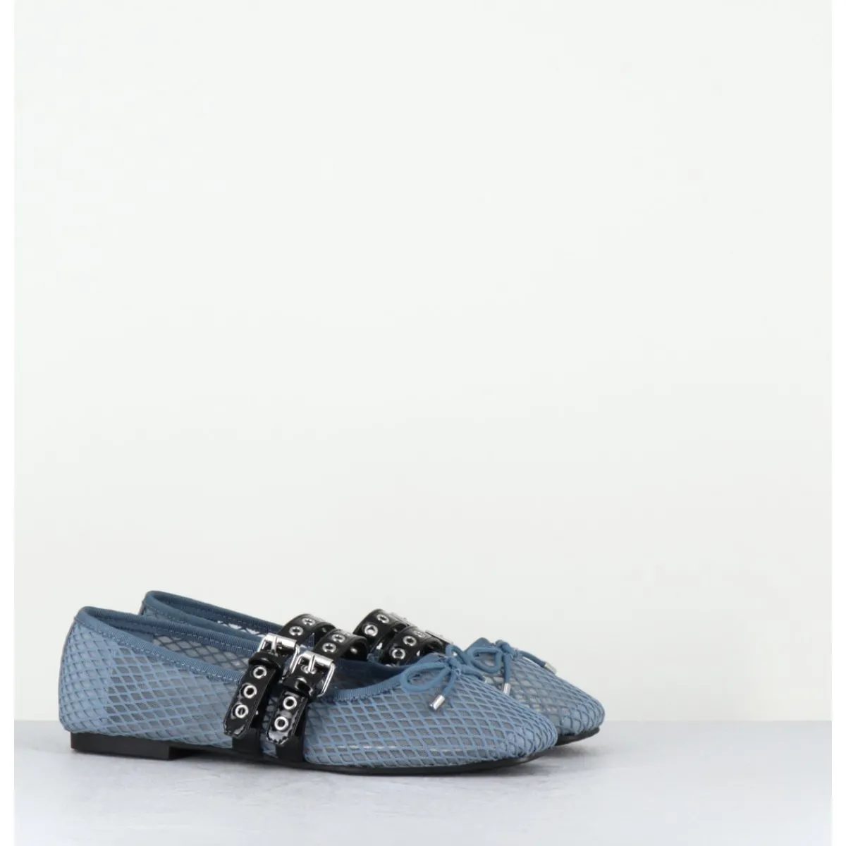 Chaussures | Ballerines^OA NON FASHION Ballerines en mesh jean & double brides en cuir noir - DIANA NET CELESTE BLEU