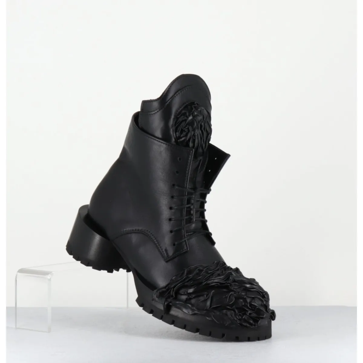 Boots | Chaussures^SDM Boots à lacets talon cylindrique et cuir froissé - LAVA NAPPA NERO NOIR