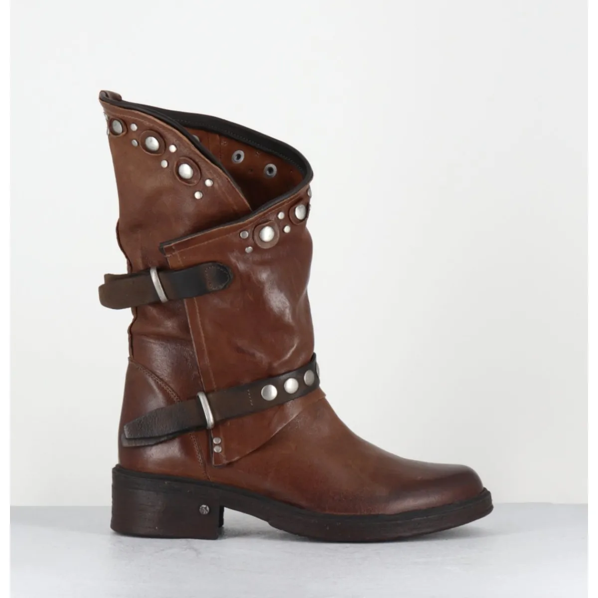Boots^GARRICE LAB Boots bikers plates cuir camel & rivets - GOULA RAG CACAO MARRON