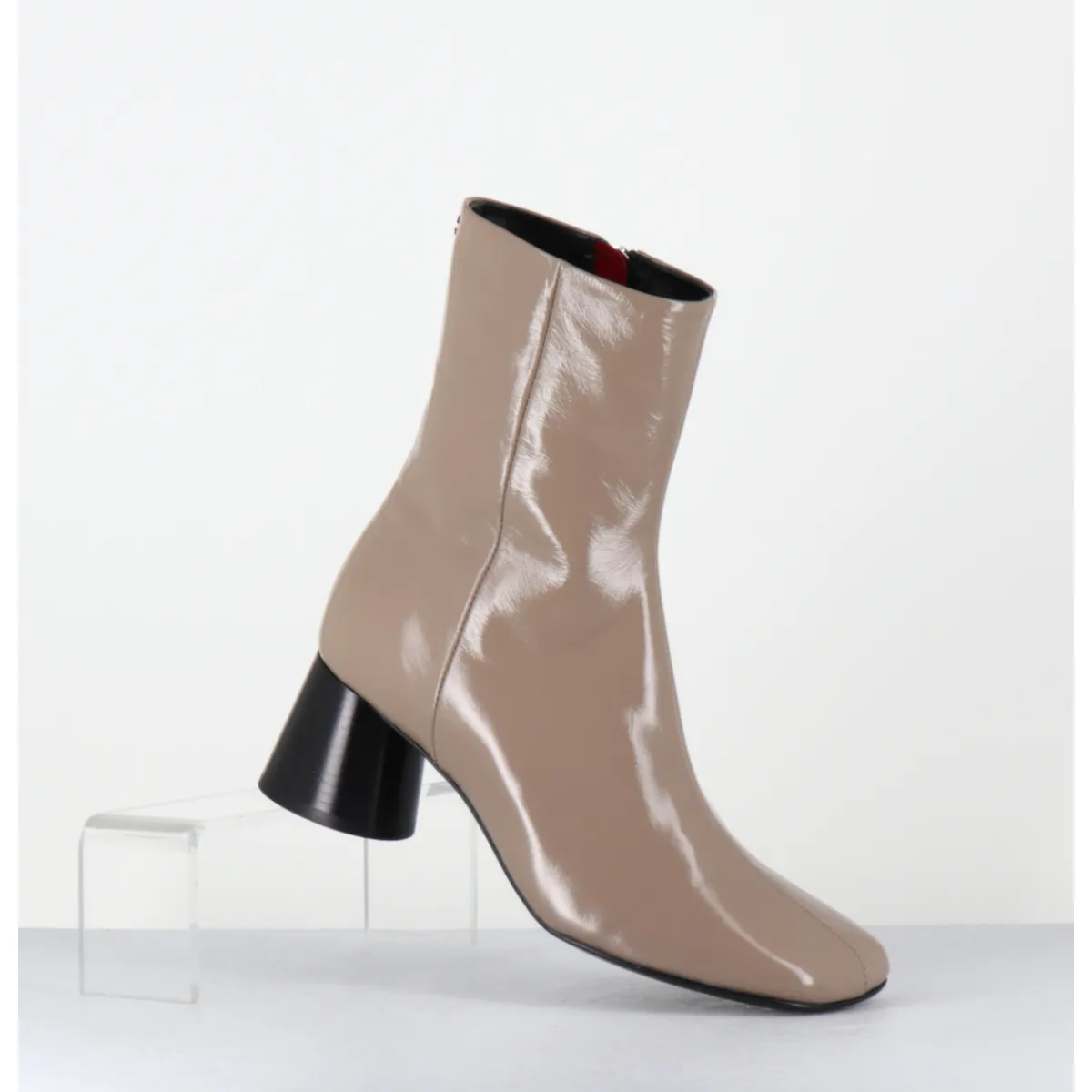 Boots^HALMANERA Boots en cuir brillant taupe talon cylindrique - DANI04 GLAZE TORTORA BEIGE
