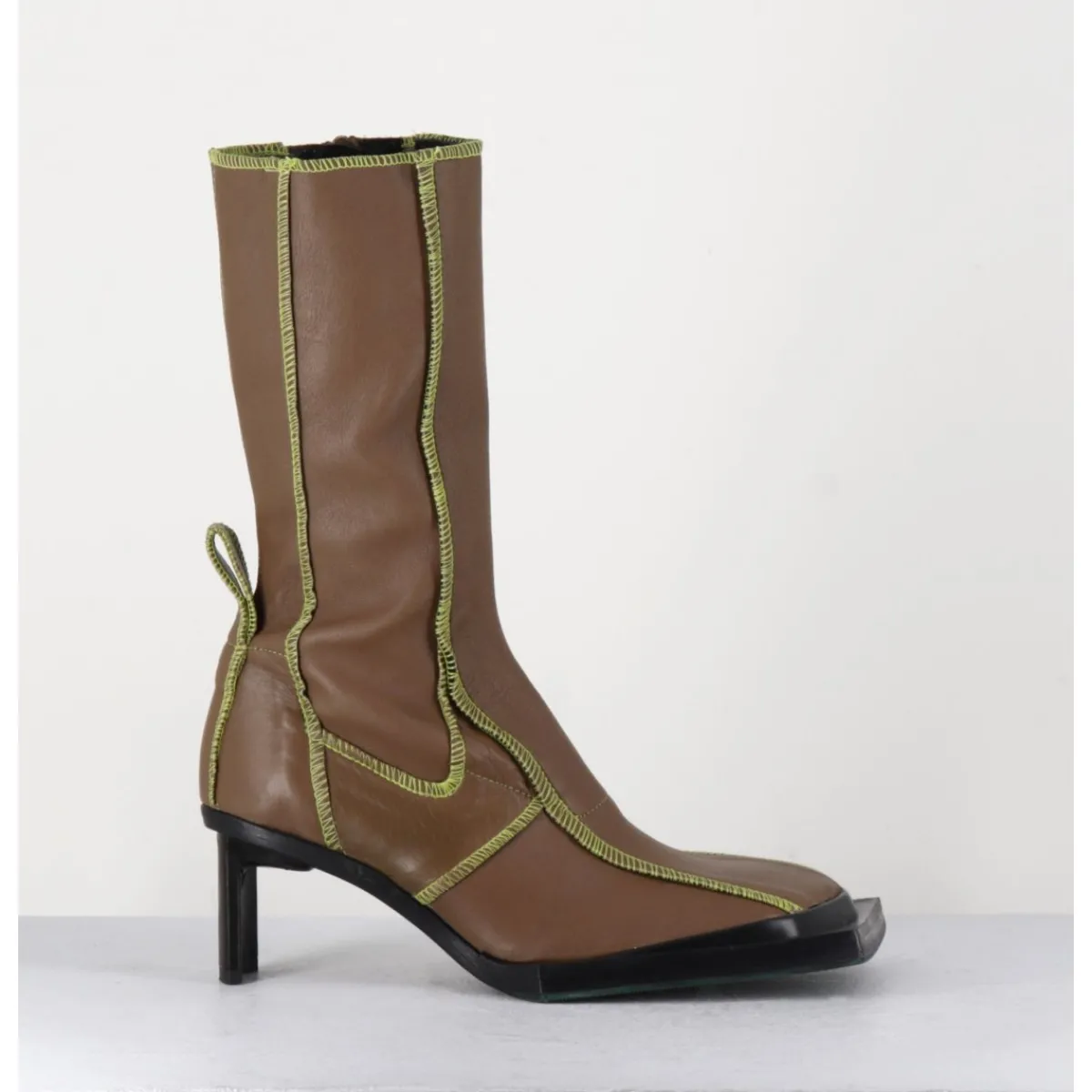 Boots^MIISTA Boots en cuir marron coutures graphiques vertes - EIMI GREEN BOOTS