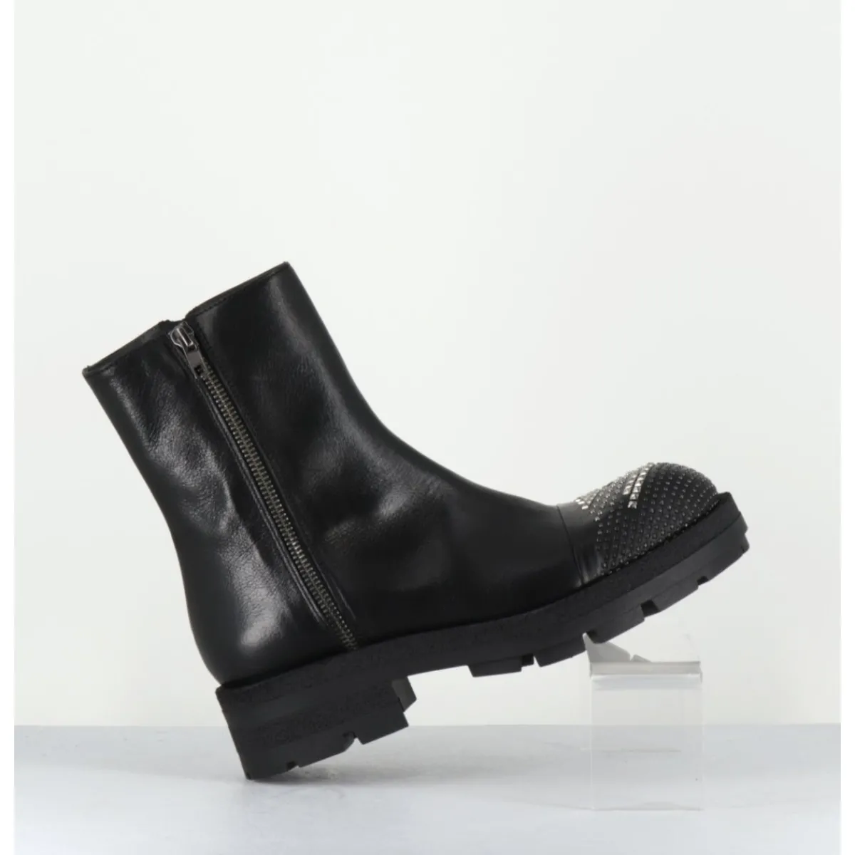 Boots^GARRICE LAB Boots en cuir double zip & bout clouté - BRANDO SIENA NERO NOIR