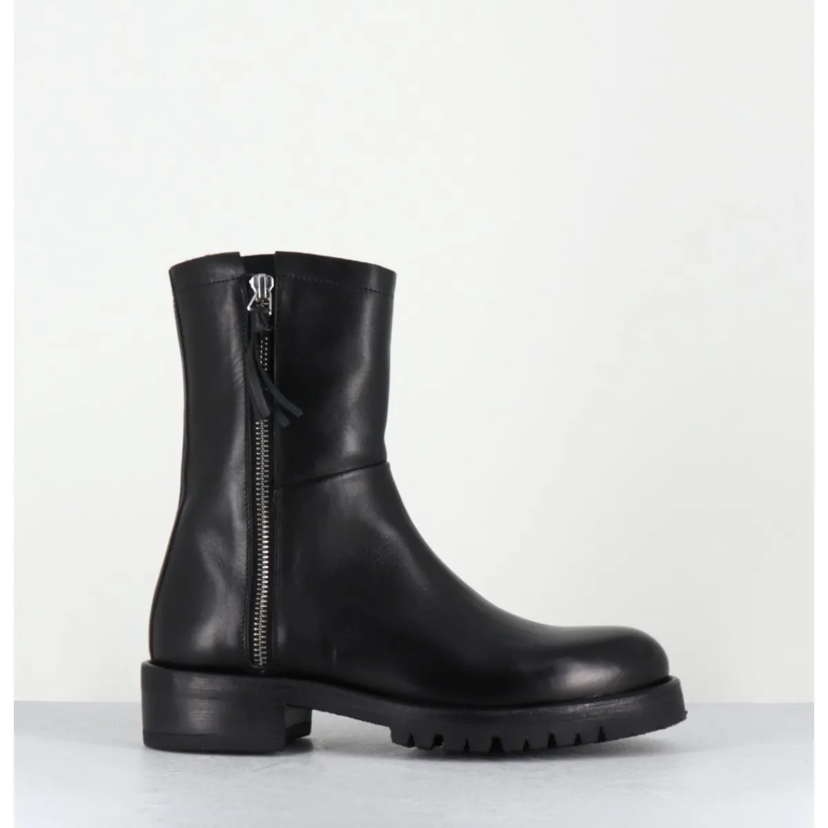 Boots | Bikers^ALBERTO FASCIANI Boots plates en cuir pures avec zip extérieur - EVA 82042 BLACK NOIR