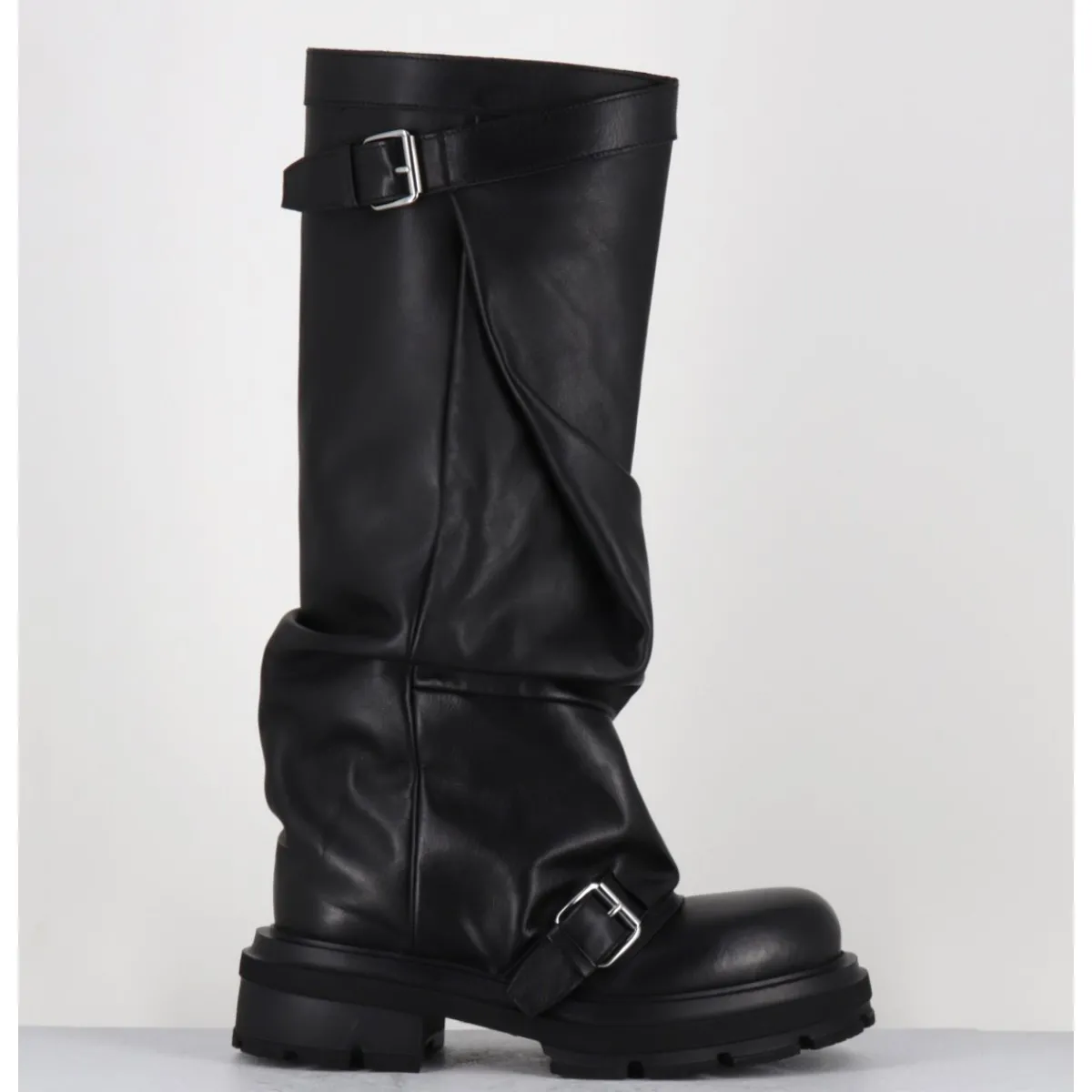 Bottes^ELENA IACHI Bottes en cuir à tige large & boucles - E4010-L NATURE NERO NOIR