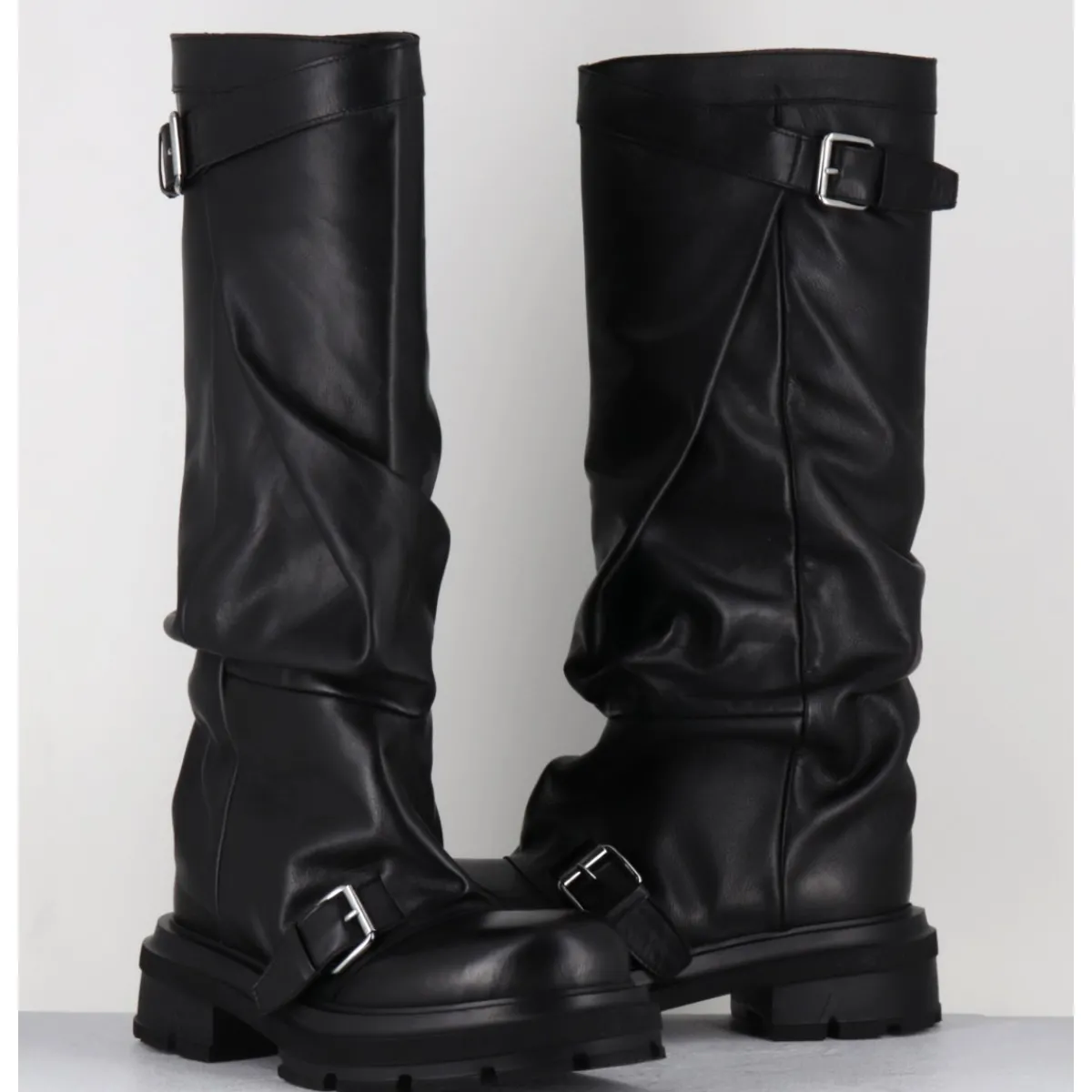 Bottes^ELENA IACHI Bottes en cuir à tige large & boucles - E4010-L NATURE NERO NOIR
