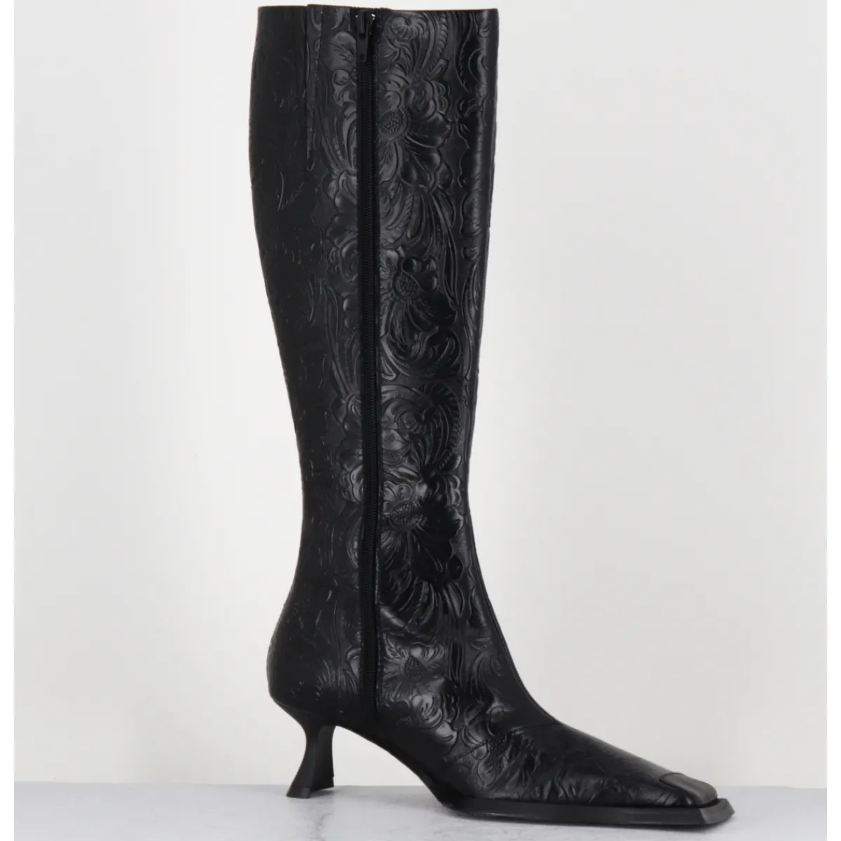 Bottes^MIISTA Bottes en cuir fleuri bout carré & piercings - ALFREDA TALL BOOTS NOIR