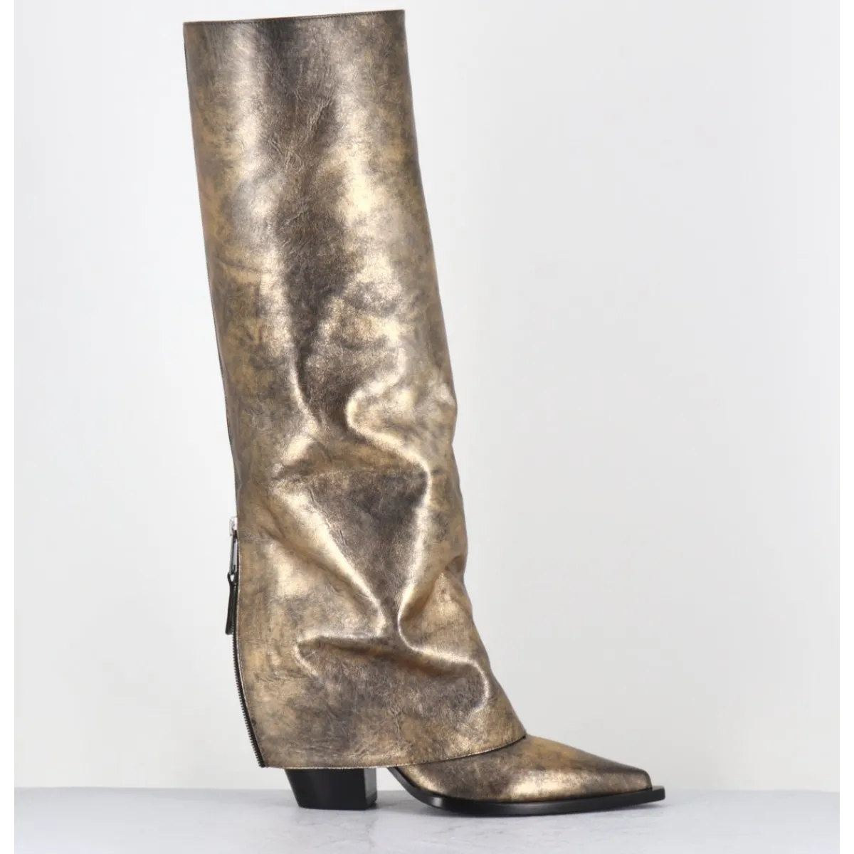 Bottes | Santiags^ELENA IACHI Bottes santiag à guêtre en cuir doré patiné noir - E3868 MISTER ORO DORE