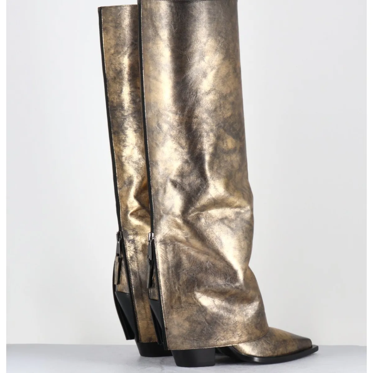 Bottes | Santiags^ELENA IACHI Bottes santiag à guêtre en cuir doré patiné noir - E3868 MISTER ORO DORE