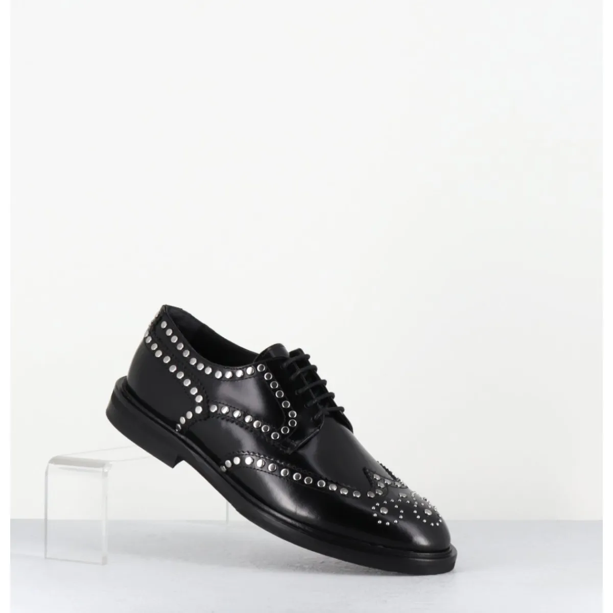 Chaussures^GARRICE LAB Derbies plats en cuir glacé bout fleuri & rivets - SALVO ABRA NERO NOIR