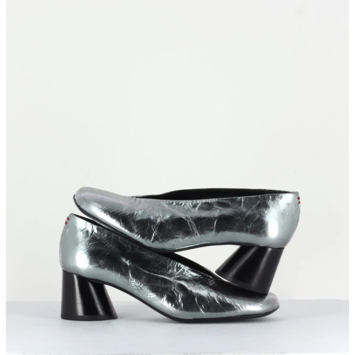Chaussures^HALMANERA Escarpin en cuir froissé métallisé talon cylindrique - ODILE01 METAL ARGENT