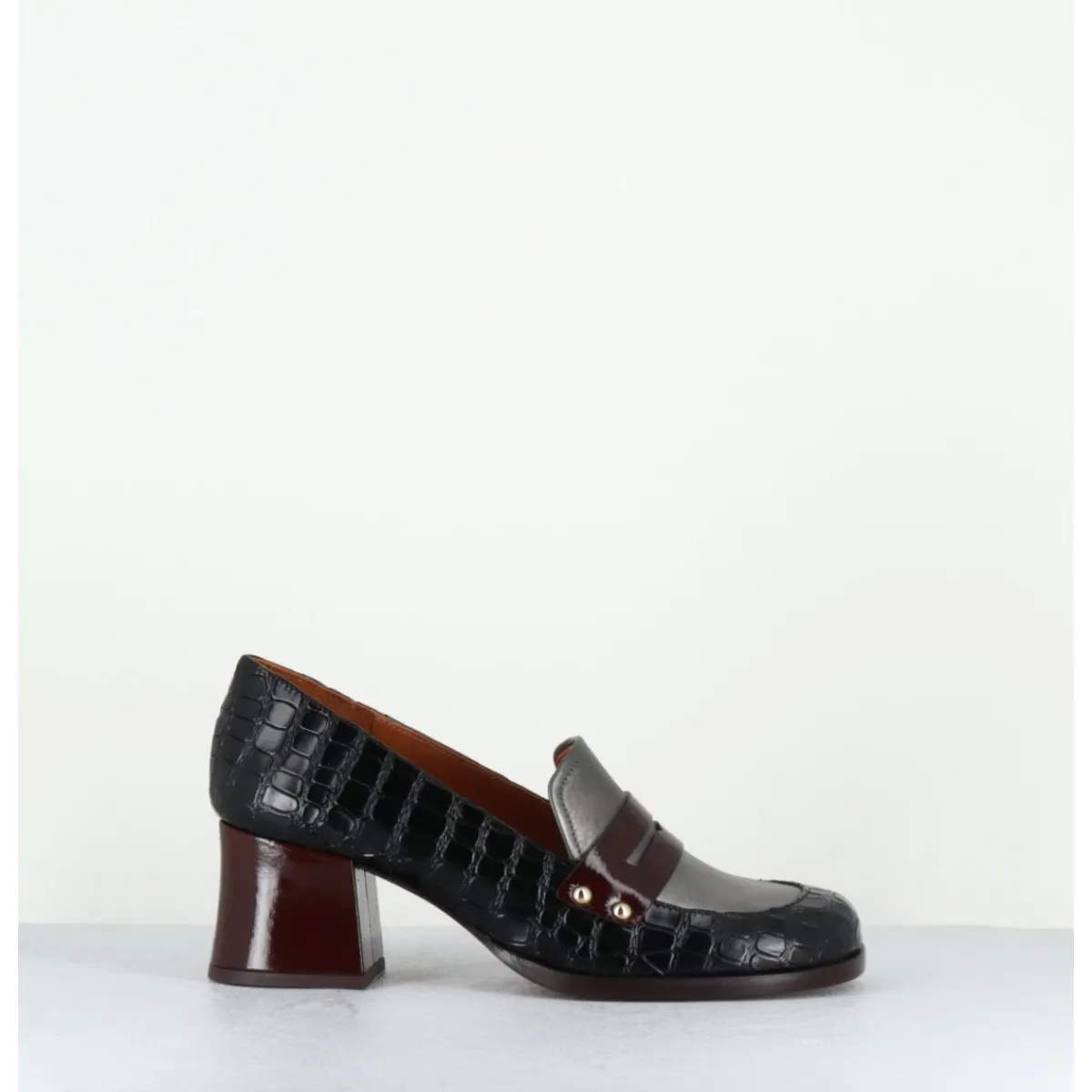 Mocassins | Chaussures^CHIE MIHARA Mocassins petit talon cuir imprimé croco noir - TADEO MONDA NEGRO