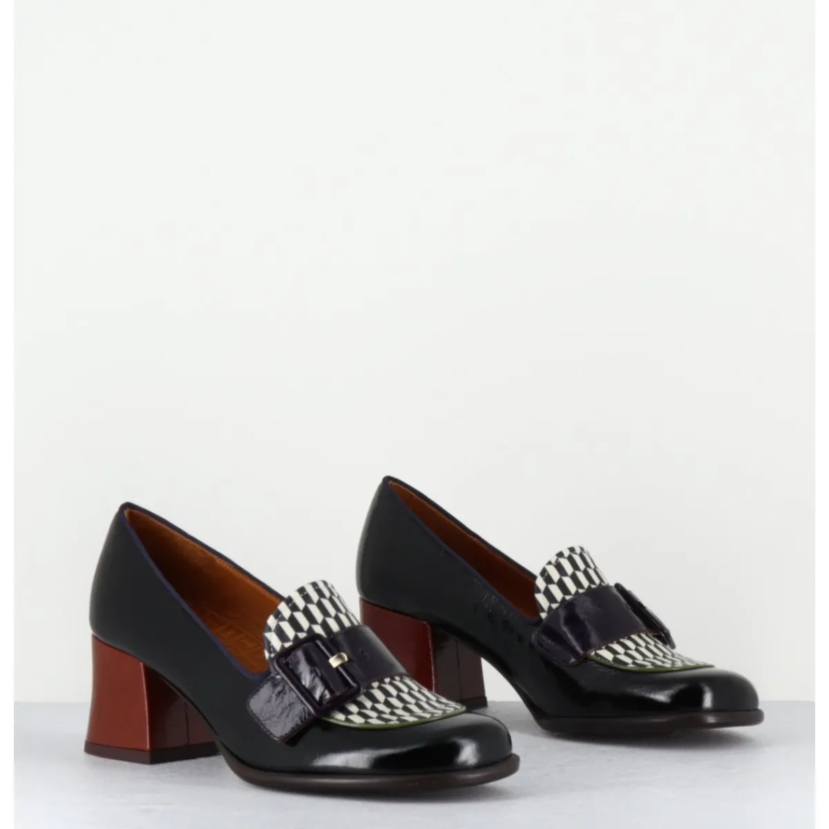 Mocassins | Chaussures^CHIE MIHARA Mocassins petit talon cuir multi & imprimé damier - MEISIN44 MASERATI NEGRO