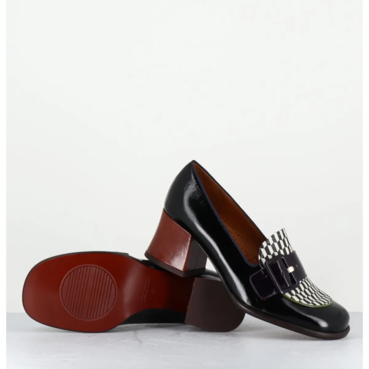 Mocassins | Chaussures^CHIE MIHARA Mocassins petit talon cuir multi & imprimé damier - MEISIN44 MASERATI NEGRO