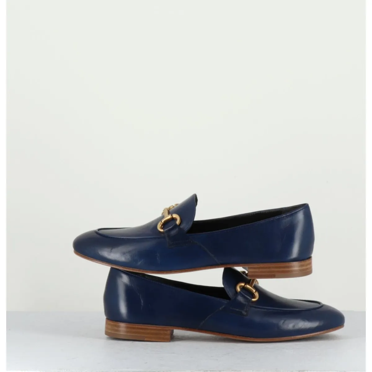 Mocassins^MARA BINI Mocassins plats en cuir souple bleu & mors doré - N125 MARINE