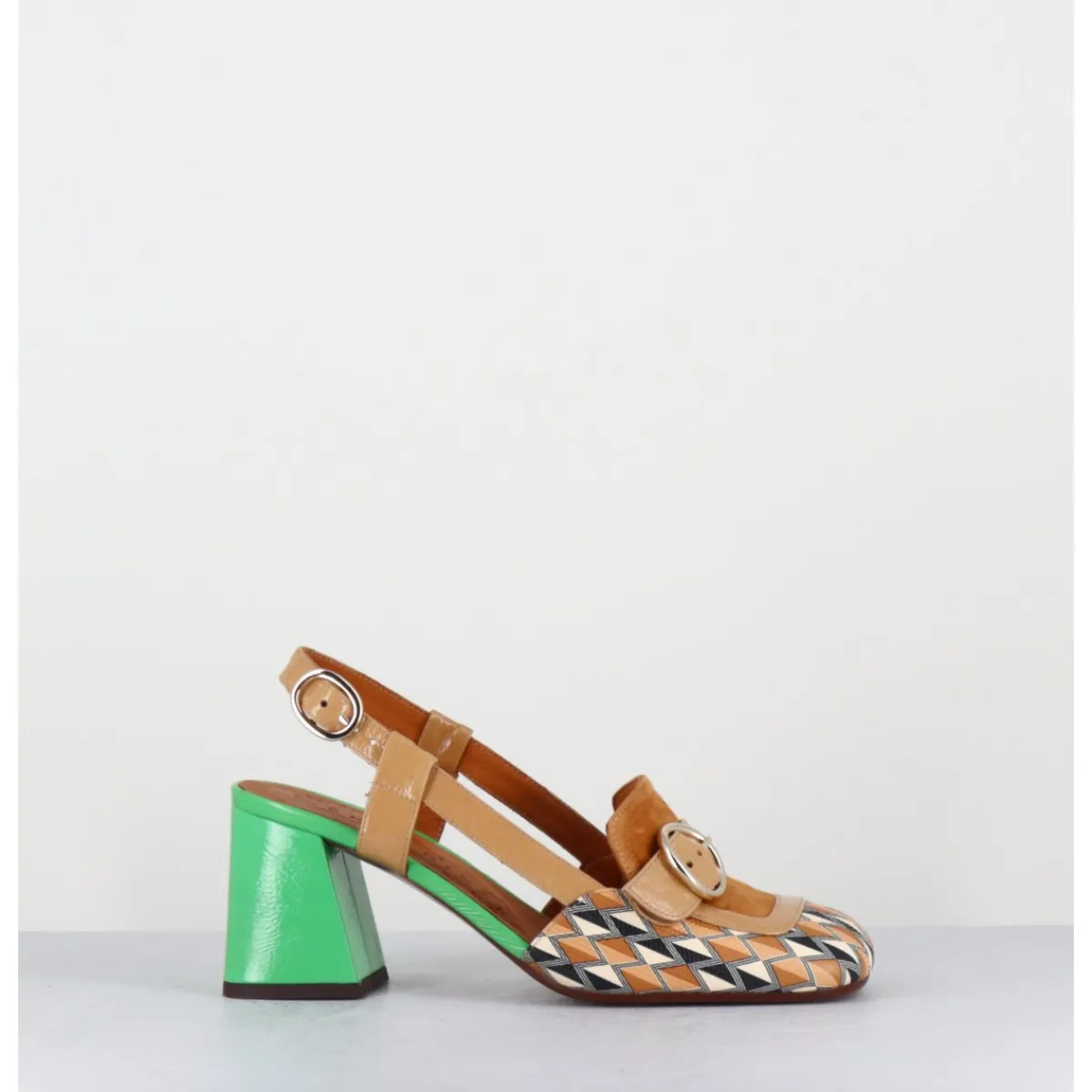 Mocassins | Chaussures^CHIE MIHARA Mocassins slingback motif rétro camel & vert - SUYLI BLUES CUERO