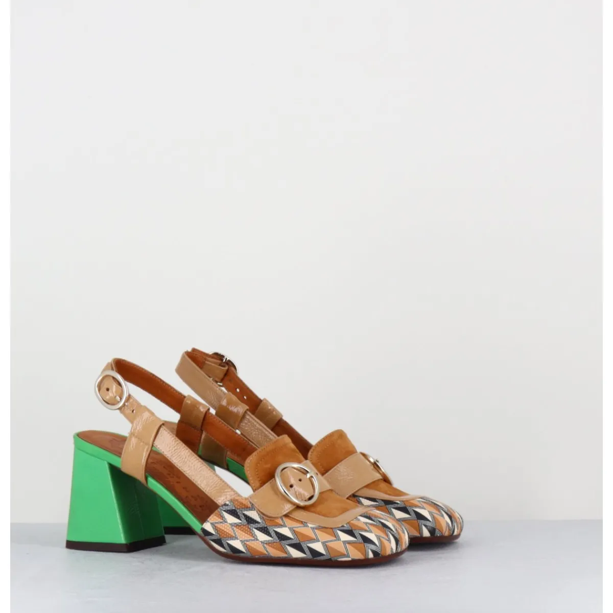 Mocassins | Chaussures^CHIE MIHARA Mocassins slingback motif rétro camel & vert - SUYLI BLUES CUERO
