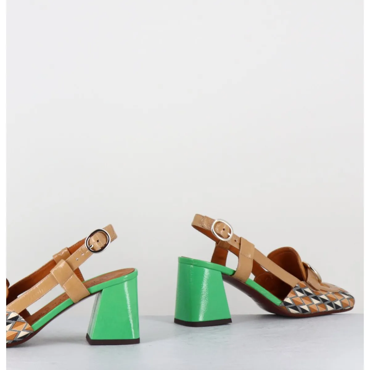 Mocassins | Chaussures^CHIE MIHARA Mocassins slingback motif rétro camel & vert - SUYLI BLUES CUERO