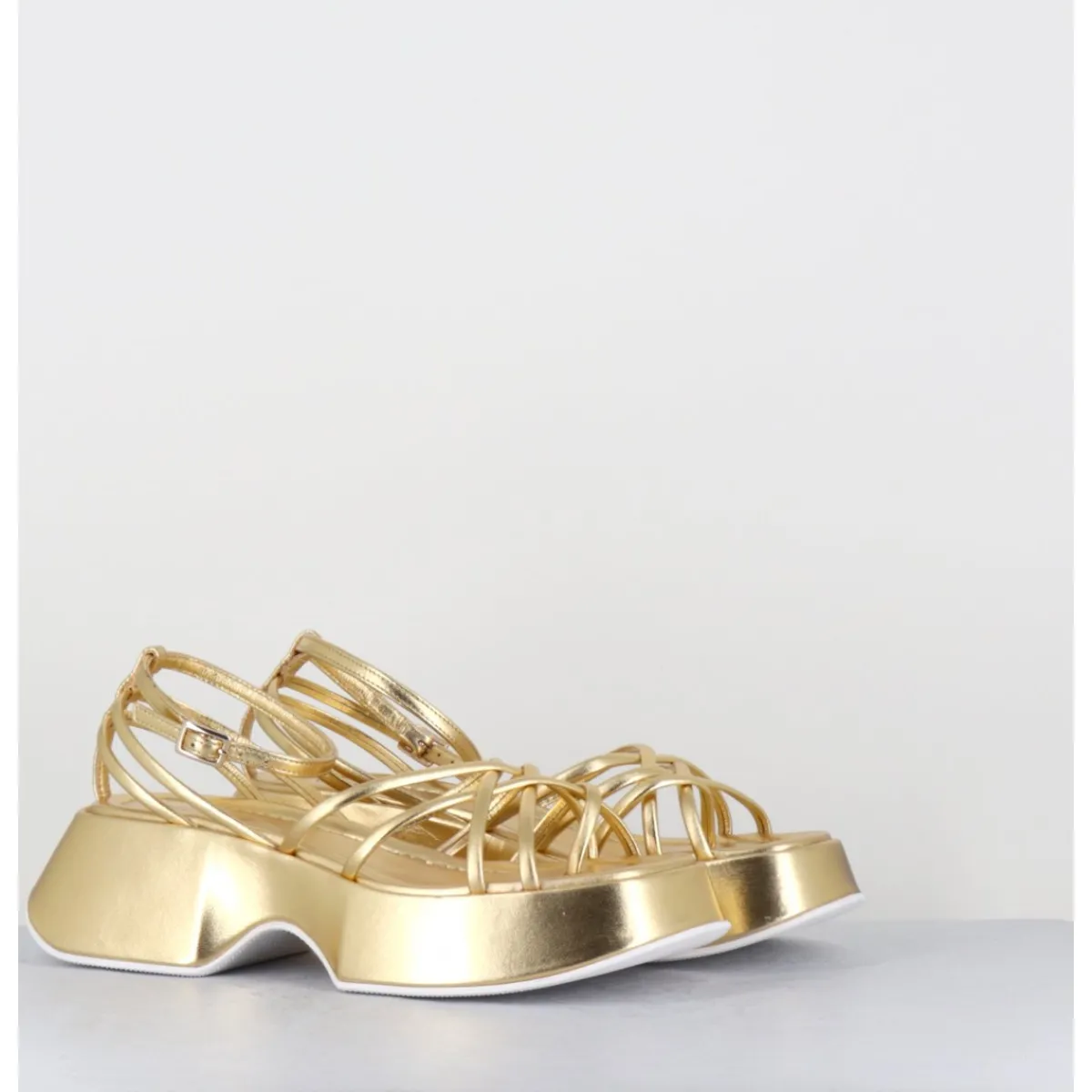 Plateformes^VIC MATIE Sandales à plateforme en cuir métallisé doré multi-brides - 1E1508D SAND GOLD DORE
