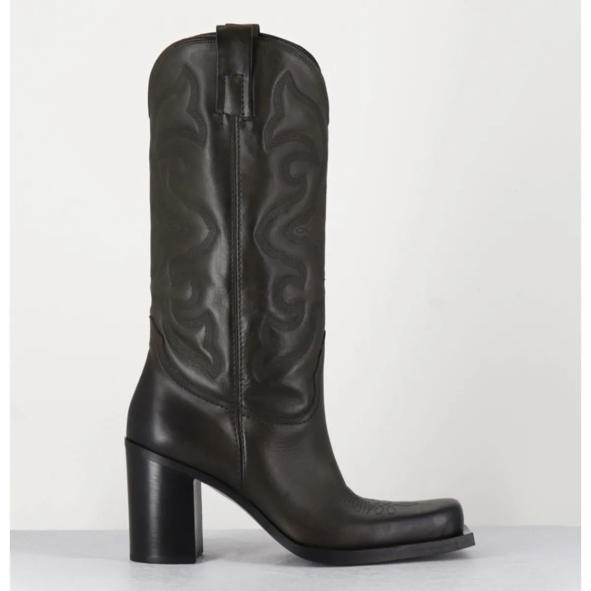 Bottes | Boots^ELENA IACHI Texan boots bout carré en cuir khaki & surpiqures - E3660 MILITARE