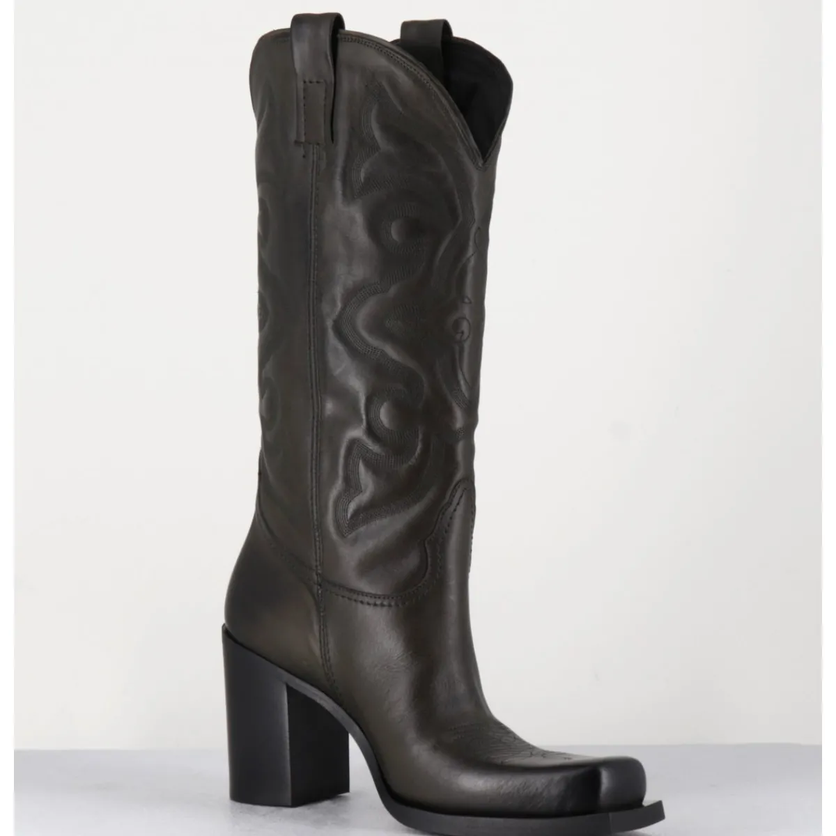 Bottes | Boots^ELENA IACHI Texan boots bout carré en cuir khaki & surpiqures - E3660 MILITARE